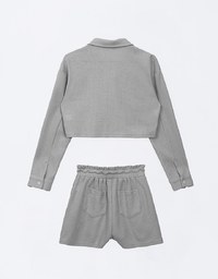 Casual Button Up Textured Cropped Blouse and Elastic Shorts Set Wear