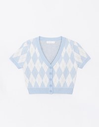 V Neck Argyle Printed Cropped Knit Top