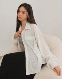 Heart Shape Embossed Button Down Long Sleeve Collared Blouse