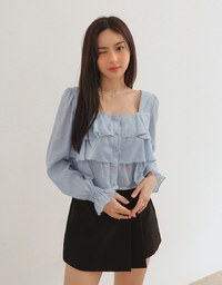 Square Neck Layered Ruffle Puff Long Sleeve Top