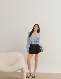 Square Neck Layered Ruffle Puff Long Sleeve Top