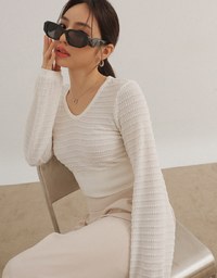 Round Neck Long Sleeve Textured Ribbed Knit Crop Top