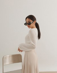 Round Neck Long Sleeve Textured Ribbed Knit Crop Top