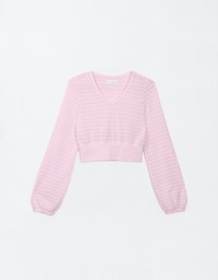 Round Neck Long Sleeve Textured Ribbed Knit Crop Top