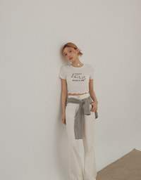 Crew Neck Letter Embroidered Ruffle Trim Short Sleeve Top