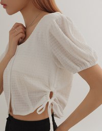 Crinkle Textured Drawstring Side Puff Sleeve Top