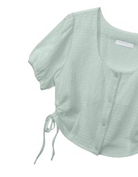 Crinkle Textured Drawstring Side Puff Sleeve Top