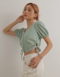 Crinkle Textured Drawstring Side Puff Sleeve Top