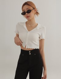 Ruffled Edge Collared Short Sleeve Top