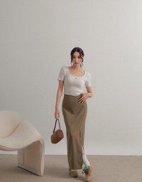 Padded Side Hips Suit Fabric Midi Skirt with Slit Perfect Body Curves