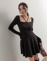 Heart Shape Button Halter Neck Front Hollow Out Mini Dress