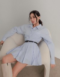 Collared Neck Pleated Shirt Dress (with Belt)