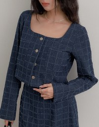 Fringed Plaid Square Neck Blazer