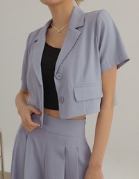 Plain Button Cropped Short Sleeve Blazer (with Shoulder Pads)