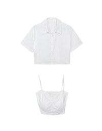 Button Up Cropped Shirt and Ruched Cami Padded Top Set Wear