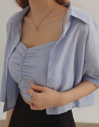 Button Up Cropped Shirt and Ruched Cami Padded Top Set Wear