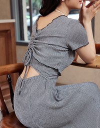 Checkered Ruched Front Blouse and Spaghetti Strap Maxi Dress Set Wear