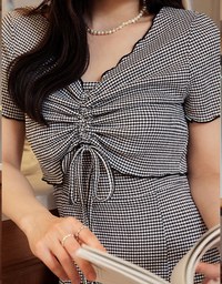 Checkered Ruched Front Blouse and Spaghetti Strap Maxi Dress Set Wear