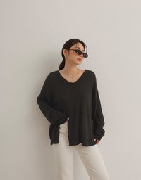 Casual V Neck Side Slit Loose Knit Top