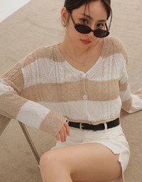 V Neck Long Sleeve Striped Cable Knit Cardigan