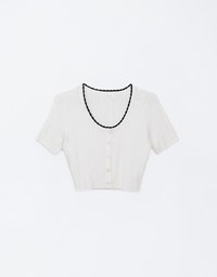 U Neckline Cable Knit Button Up Crop Top