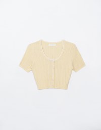 U Neckline Cable Knit Button Up Crop Top