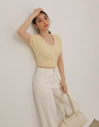 U Neckline Cable Knit Button Up Crop Top