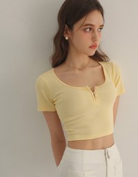 Slim Fit Button Up U Neck Ribbed Crop Top