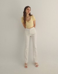 Slim Fit Button Up U Neck Ribbed Crop Top