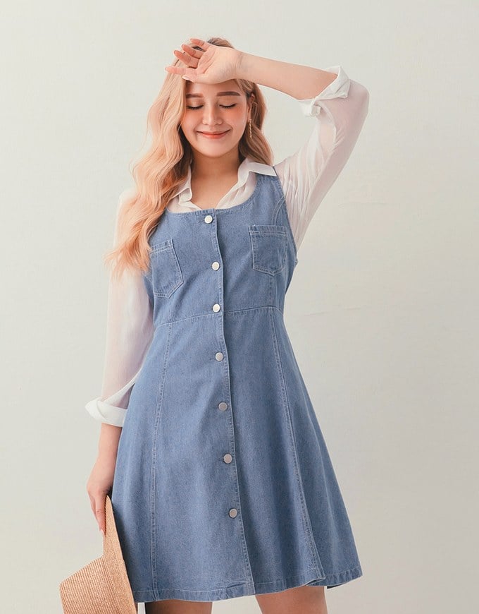 Button Front A-Line Denim Dress - AIR SPACE