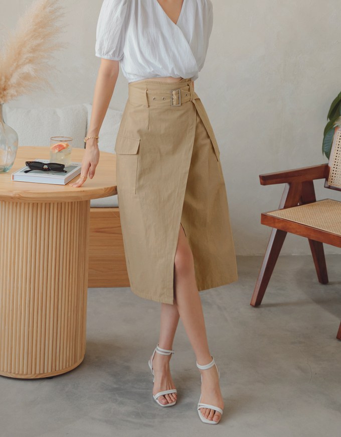 Casual High-West Overlapping Midi Skirt (With belt) - AIR SPACE