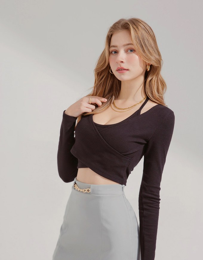 Cross Neck Strap Fake Two Piece Knit Crop Top - AIR SPACE