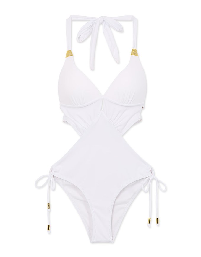 【PUSH UP】Gold Accessories Straps Shirred One-Piece Bikini (Thick Padded)