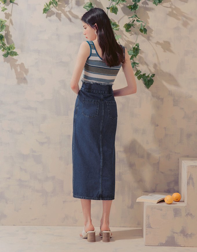 High Waisted Frayed Asymmetrical Slit Denim Jeans Skirt