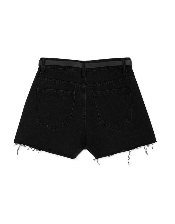 Western Style Frayed Belted Denim Shorts