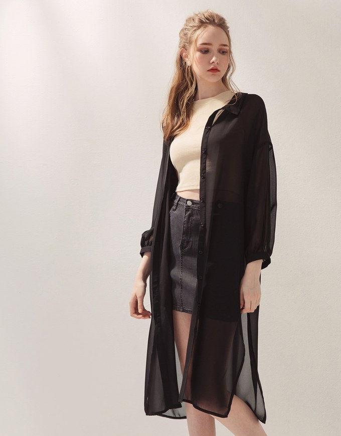 Sheer Chiffon Slit Long Shirt-Jacket