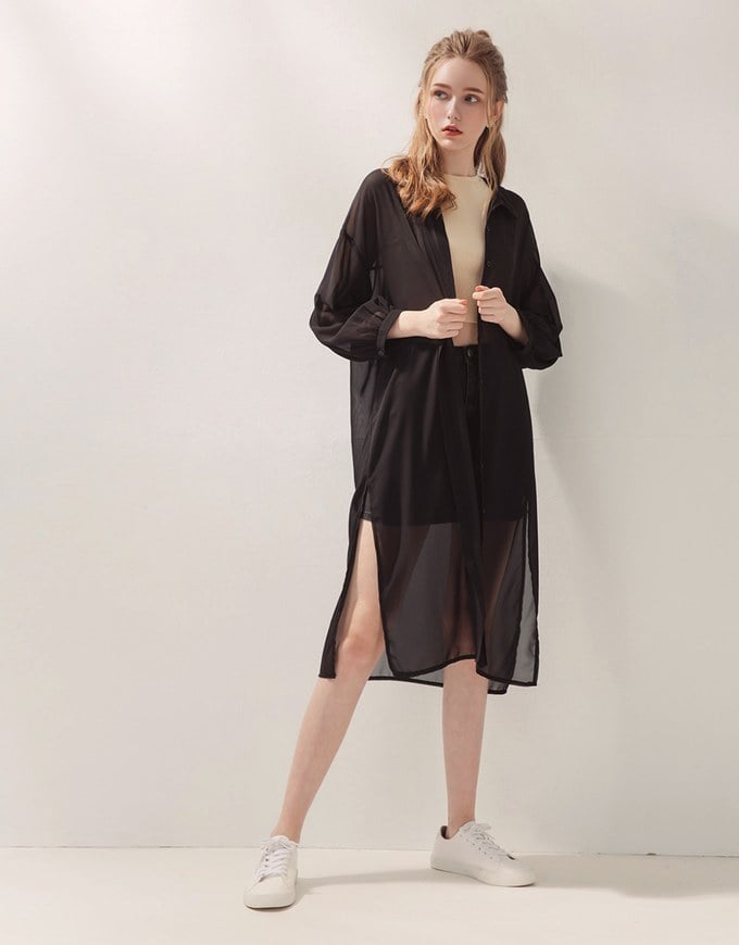 Sheer Chiffon Slit Long Shirt-Blazer Jacket