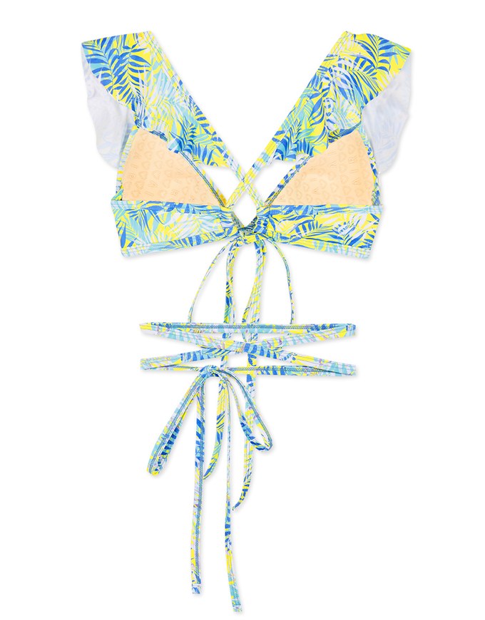 【PUSH UP】Sweet Ruffle Tie-Waist Printed Bikini Top Bra Padded With Removable Waist Straps