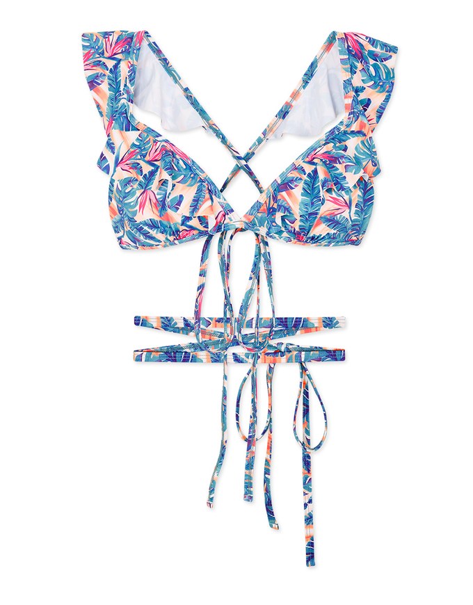 【PUSH UP】Sweet Ruffle Tie-Waist Printed Bikini Top Bra Padded With Removable Waist Straps