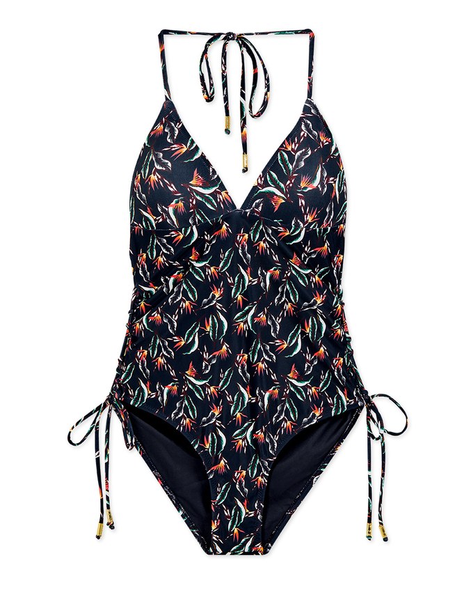 【PUSH UP 】Printed Thin Strap Lace-Up Side One-Piece Swimsuit Push Up Bra Padded