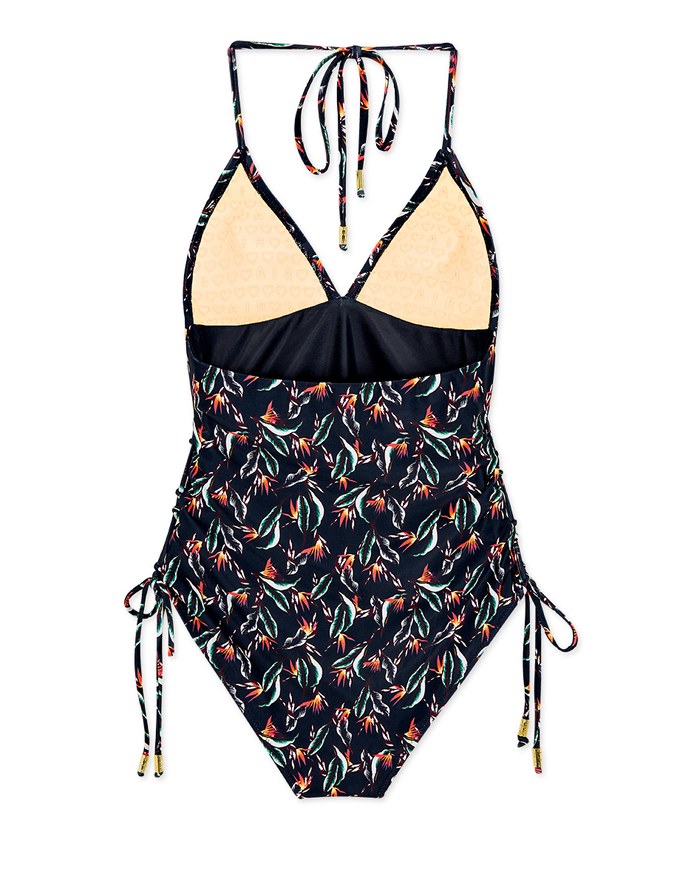 【PUSH UP 】Printed Thin Strap Lace-Up Side One-Piece Swimsuit Push Up Bra Padded