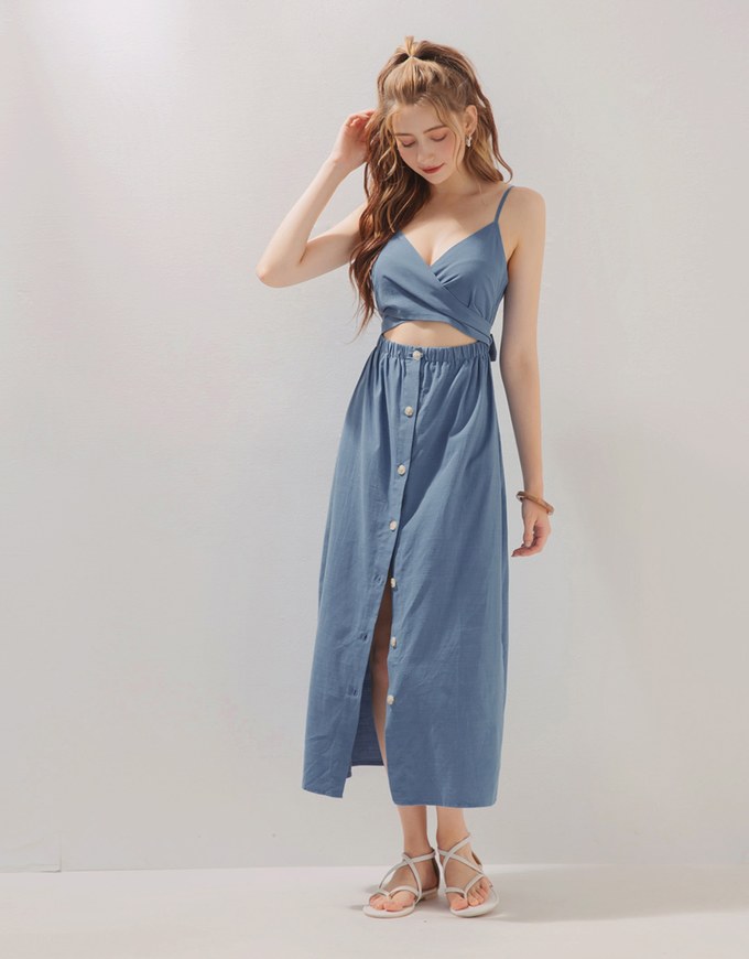 Cross Ribbon Hollow Waist Button Down Dress