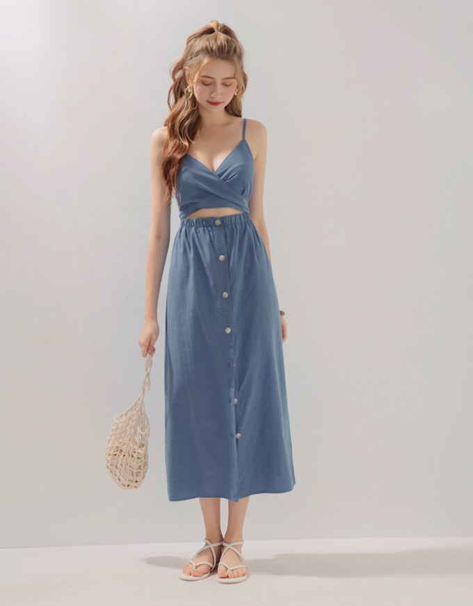 Cross Ribbon Hollow Waist Button Down Dress