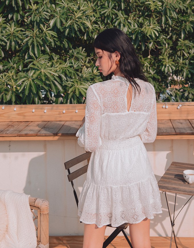 Vintage Lace Ruffle Puff Sleeves Dress