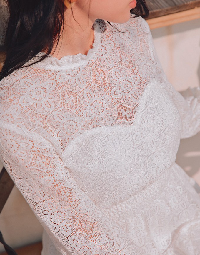 Vintage Lace Ruffle Puff Sleeves Dress