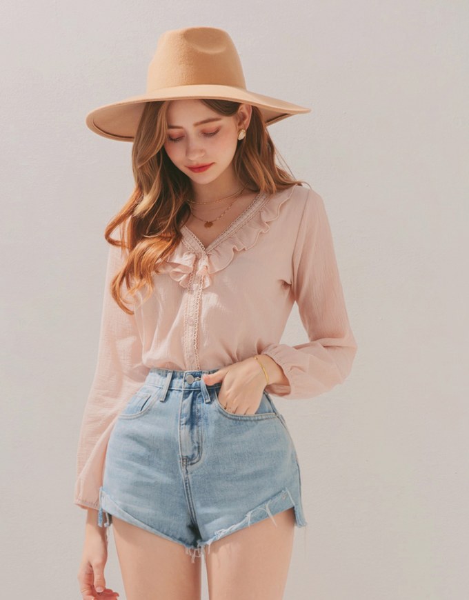 Romantic Ruffle Trimmed Button Down Top