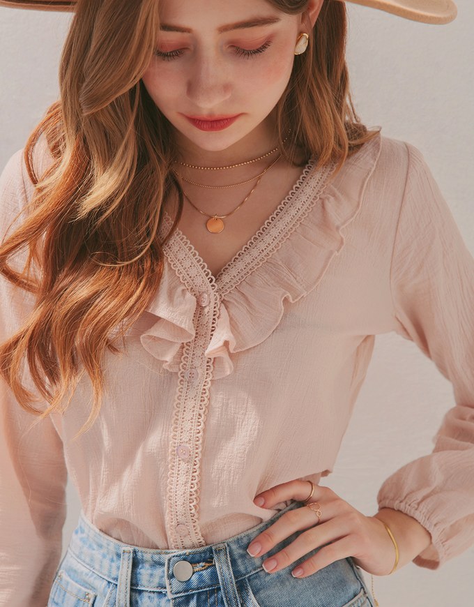 Romantic Ruffle Trimmed Button Down Top