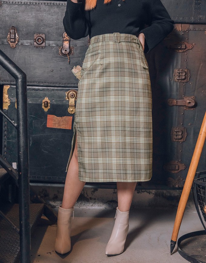 Plaid Slit Belted Pencil Midi Skirt