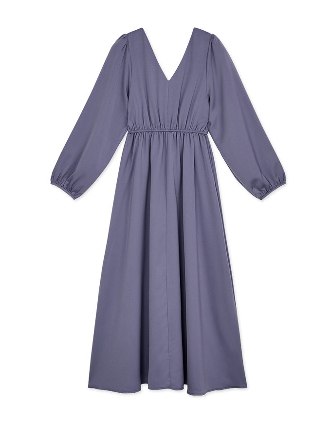V-Neck Pleated-Shoulder Slit Maxi Dress