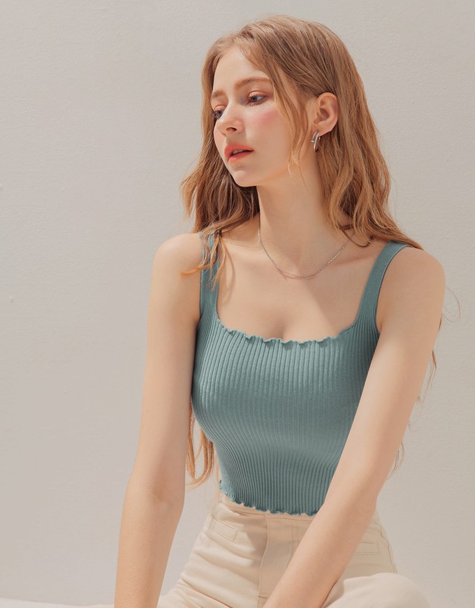 U-Neck Lettuce-Edge Hem Knit Crop Tank Top